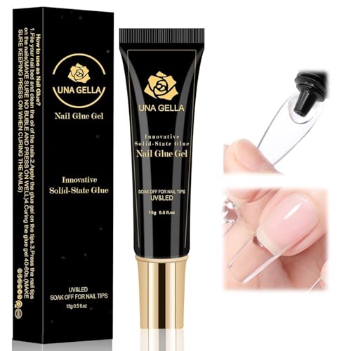 UNA GELLA Solid Nail Glue Gel 15ml Lamp Curing Needed Solid Soak Off U V/LED Lamp Required Super Strong Glue For Fake Acrylic Soft Gel Nail Tips Press On Nails Art