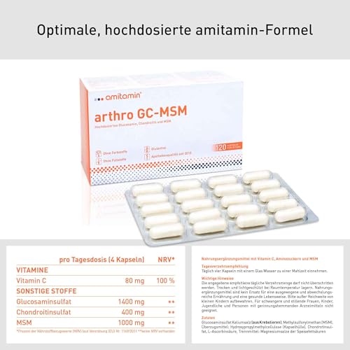 amitamin arthro GC MSM Glucosamin & Chondroitin & MSM plus Vitamin C | 120 Kapseln | Apothekenqualität | einzeln hygienisch verpackt | ohne unnötige Zusätze | deutsche Herstellung