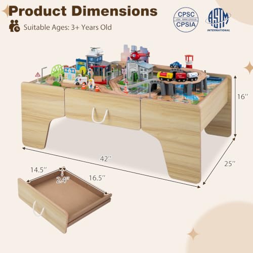 Image of Costzon 110-Piece Wooden Train Table with Drawer for 3+ Years Old Toddlers | 3-in-1 Kids Activity Play Set w / Reversible Tabletop, Storage Space, Train Tracks, Figures, Vehicles, and Buildings
