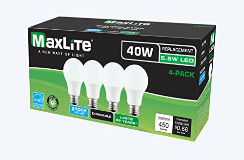 Maxlite Led Enclosed Rated Omnidirectional A-Lamp, 5.5W Dim Led A19 5000K 4 Pack, White (E5.5A19D50/4P/Ws) #TOP21