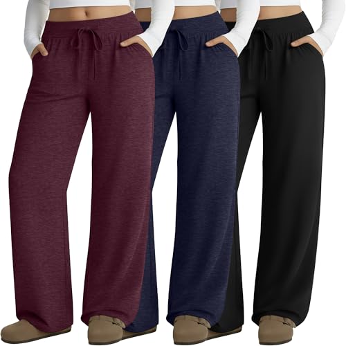 Neer 3 Pack Women's Plus Size Lounge Pants, Wide Leg Yoga Pants Baggy Drawstring Sweatpants with Pockets Casual Loose Jogger(Black, Dark Blue, Burgundy,3X-Large)