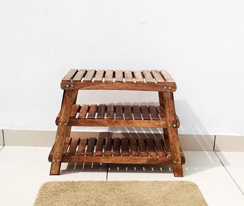 Image of Three-Tier Solid Wood Shoe Rack for Home and Hallway Shoe Organizing & Sitting Bench Use. (1, Triangle)