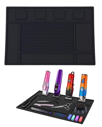 Lady Up Magnetic Barber Mat, 4 Strong Magnets Holder for Clippers, Anti-Slip Silicone Barber Station Mat for Barbershop Accessories, Heavy Duty Barber Mats for Clippers with Tools Slots
