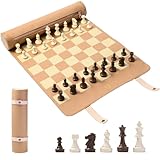 DN DECONATION Portable Travel Chess Chess Set, Roll Up Leather Chess Mat with Resin Pieces,Luxury Folding Pocket Chess Board Game for Adults, Small Compact Game for Camping,Home,Outdoors-Brown