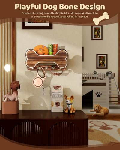 MTERSN Farmhouse Dog Leash Holder for Wall - Dog Stuff Organizer and Doggie Bone Key Holder Wall Mount with 5 Decorative 3D Puppy Paw Hooks & Storage Shelf - Ideal Home Decor (Brown) - Image 3
