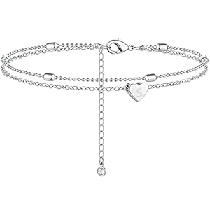 Moodear Silver Ankle Bracelets for Women – Waterproof Layered Sterling Silver Anklets Dainty Heart Initial Charm A-Z Letter Anklet for Her
