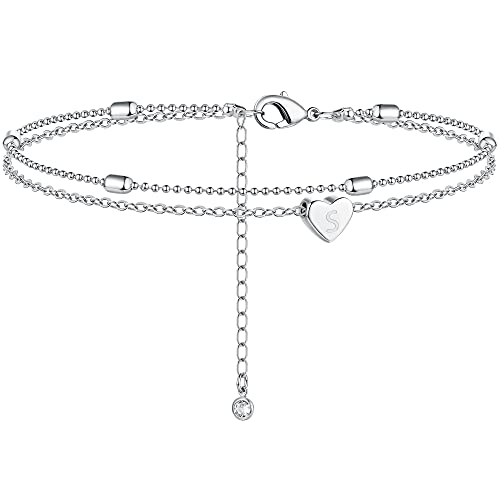 Moodear Silver Ankle Bracelets for Women – Waterproof Layered Sterling Silver Anklets Dainty Heart Initial Charm A-Z Letter Anklet for Her
