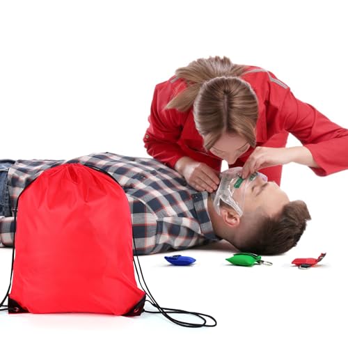 Image of Set of 50 CPR Mask& Red Bag, CPR Shield Mask Key Chain Ring, CPR Keychain with One-Way Valve Breathing Barrier for First Aid or AED Training
