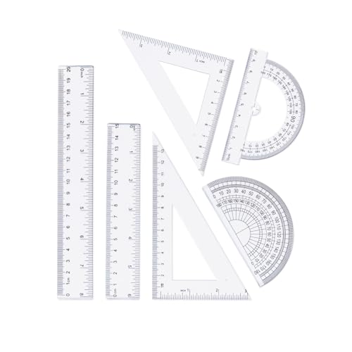 Zotemo Geometry Set, 6-piece Clear Plastic Math Ruler, Drafting Ruler Kit Includes Protractor, Triangle Ruler, Straight Ruler-Math Measurement Tools for Students, School and Office Supplies