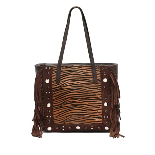 MISAKO Catrinas-1 bolso shopper grande animal print con detalles metálicos y flecos Mujer - Catrinas-1 Marrón 30x42x13cm