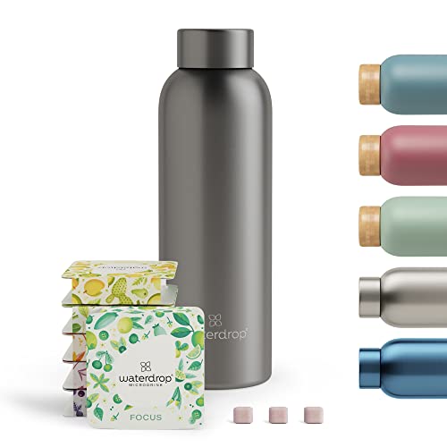 waterdrop® Coffret Dégustation Inox | 1 Bouteille Isotherme 600 ml + 18 Microdrink | Aux extraits naturels de fruits et de plantes + vitamines | Sans sucre | Boisson en cube | Gourde Thermo Cover