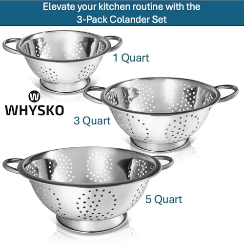 Whysko 3 Pack Stainless Steel Colanders with Handles - 5 Qt, 3 Qt, 1 Qt - Durable Colander for Kitchen Strainers and Colanders Set - Ideal Metal Colander for Pasta, Vegetables, Food Prep by WHYSKO - Image 2