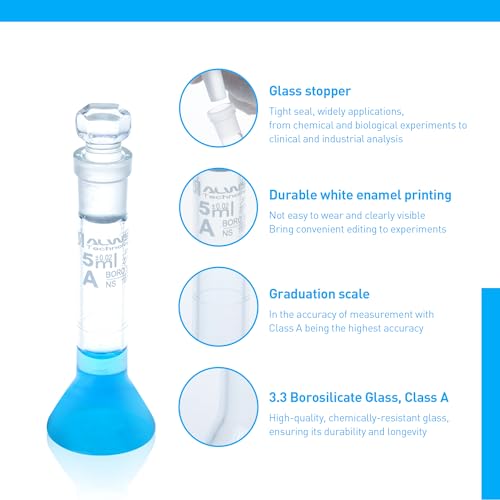 ALWSCI 5 ML Volumetric Measuring Flask Set NS10/13 Glass Stopper, Graduated, ASTM Class A Borosilicate Glass 3.3 for Laboratory, 2 PCS