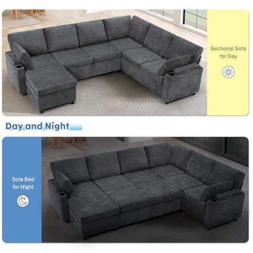 Image of 110 inch Chenille Sectional Sofa w /Pull Out Bed & Storage Chaise, Grey | Reversible U Shape Sofa w /Storage Armrests & Cup Holders, Corner Couch w /USB Charging Port & Throw Pillows for Living Room