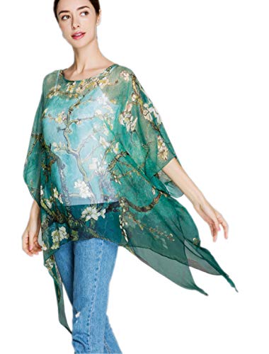 Prettystern Femme Tunique D'été Blouse Plage en Soie Mousseline Poncho Taille Unie Branches...