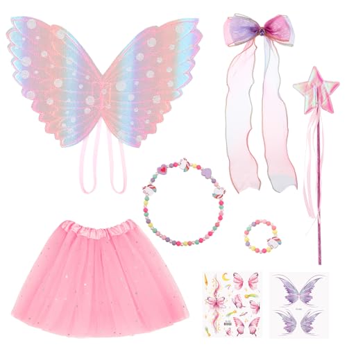 Kaisibum 8 PCS Feen kostüm Kinder Mädchen Feenflügel Kinder, Schmetterling Zauberstab, Haarschleifen Mädchen, Tutu, Armband, Halskette, Temporäre Tattoos für Halloween, Karneval, Geburtstage