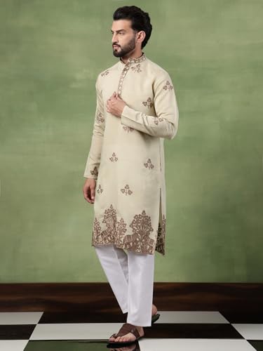 Image of SOJANYA (Since 1958 Men's Cotton Contrast Coffee Thread Embroidered Long Kurta