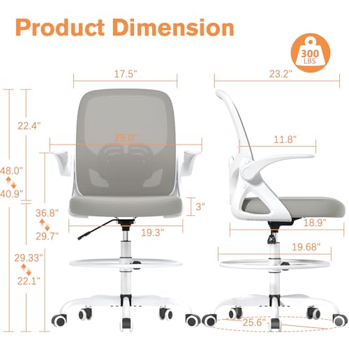 ORRSAKER Tall Drafting Chair with Lumbar Support and Footrest Ring, Supportive Tall Extended Height Ergonomic Desk Chair for Home Work, Breathable Mesh Office Chair with Flip up Arms(Gray) - Thumbnail 2