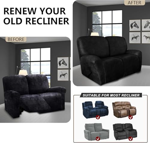 Image of molasofa Loveseat Recliner Slipcovers - 6 Pieces Stretch Leather Like Recliner Sofa Covers for 2 Seat Dual Reclining Loveseat Couch Furniture Protector with Elastic Bottom (Black)