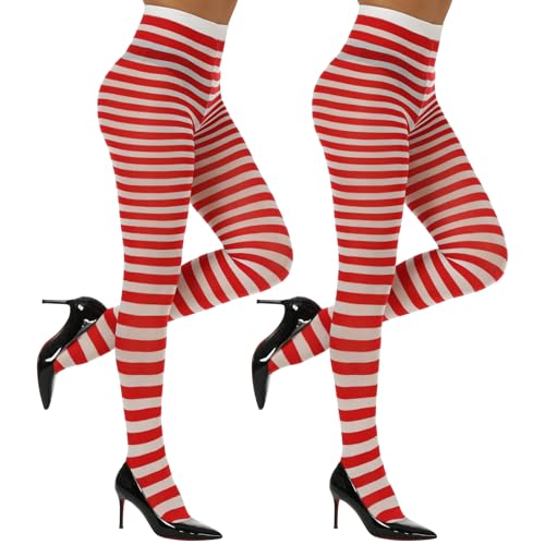 Image of MANZI Striped Tights for Women Footed Stretchy Opaque Pantyhose for Halloween Xmas 2 Pairs