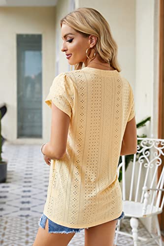 Valphsio Women V-Neck Casual Stretch Shirt Petal Sleeve Cute Tunics Lightweight Basic Plus Size Tee Yellow #TOP5