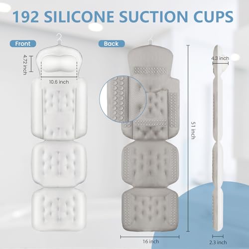 Full Body Bath Pillow, Luxury Bath Cushion with 192 Suction Cups, Bath Pillows for Tub for Head and Neck Support, with Laundry Bag White, 51
