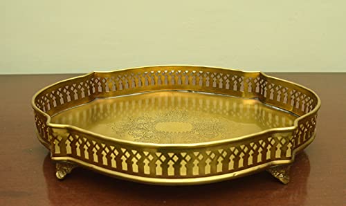 Image of Tangerine Matte Finish Decorative Brass Serving Tray with Cut Work Design Oval (15 inches)