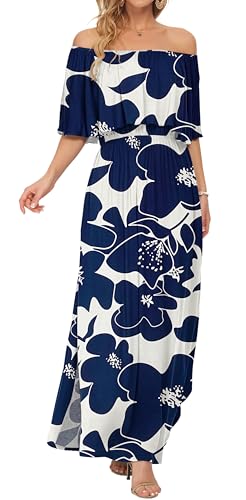 Image of AUSELILY Womens Off Shoulder Ruffle Split Summer Maxi Dresses with Pockets | Off-shoulder Ruffle dress with empire waist & side split for summer beach and casual parties