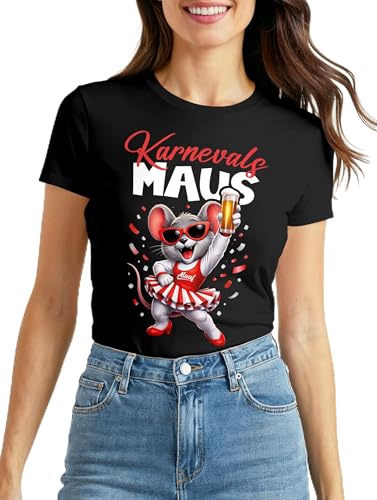 MoonWorks Damen T-Shirt Fasching Karneval Ersatz Verkleidung Karnevalsmaus Last Minute Kostüm Funshirt Slim Fit Schwarz XL