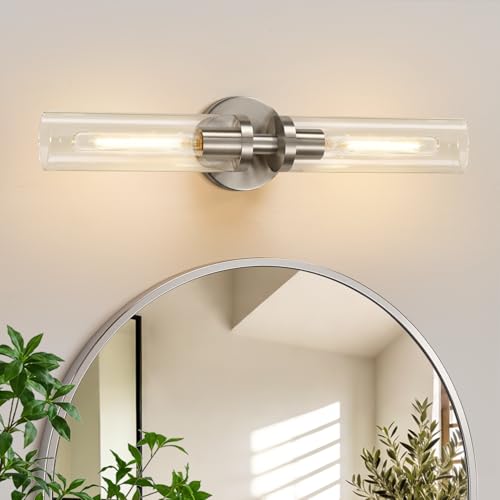 Image of Indoi Brushed Nickel Wall Sconces, Hardwired Bathroom Sconces Vanity Light with Clear Glass, Modern Bathroom Vanity Lights fixtures for Mirror Bedroom Living Room Hallway Kitchen