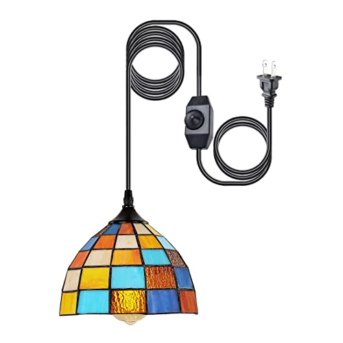 HMVPL Tiffany Style Pendent Ceiling Light with 16.4 Ft Plug in Cord and On/Off Dimmer Switch, Retro Multicolored Swag Hanging Lamp for Kitchen Island, Dining Room or Living Room (8.1 Width)