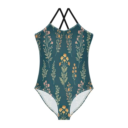 Wildflowers Botanicals Orange Green Girls 1 Piece Swimsuit, Beach Bathing Suit 3-10 Y with Adjustable Shoulder Strap, 3-10 Y