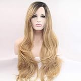 Perücke für Damen, gewellt, Spitzenfront, natürliche gewellte Perücke, goldblond, gelockt, Kunsthaar, täglicher Gebrauch, Seitenscheitel, hohe Temperatur, für Frauen, 61 cm