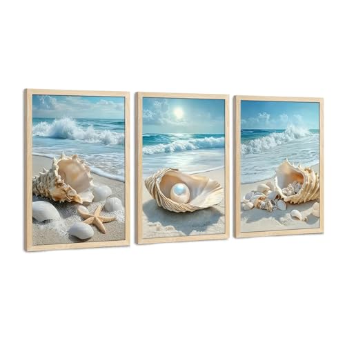 SYWENNOI Triptych, Beach and Sea View Framed Canvas Wall Art, 12x16 in each