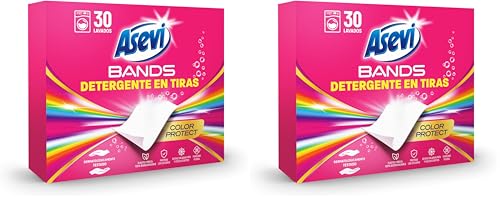 Asevi Bands Detergente en Tiras para Lavadora Color Protect - Detergente Concentrado Hipoalergénico para Ropa Blanca y de Color - Protege los Colores y Deja la Ropa Limpia y Perfumada - 30 Lavados