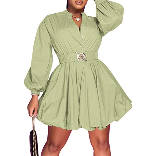 Uni Clau Womens Button Down Shirt Dress Long Sleeve A-Line Casual Puffy Short Mini Dress with Belt