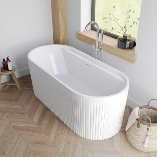BAYSTONE® 1700 x 750mm Freestanding Double Ended Bath Tub Fluted White Gloss Acrylic Luxury Curved for Bathroom Modern Includes Waste