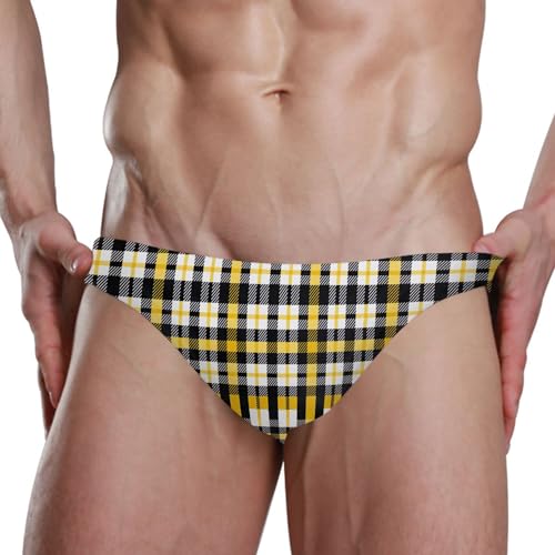 Yellow Black Buffalo Plaid Swim Briefs for Men Swimsuit Bikini Swimwear S A1119194