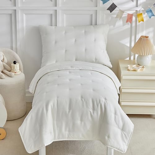 Image of DuShow White 4 Pieces Toddler Bedding Set for Boys Girls,Embroidery Microfiber Crib Bed Sheets Set Soft Boho Comforter Set Bed in a Bag, Include Quilted Comforter,Flat Sheet,Fitted Sheet,Pillowcase