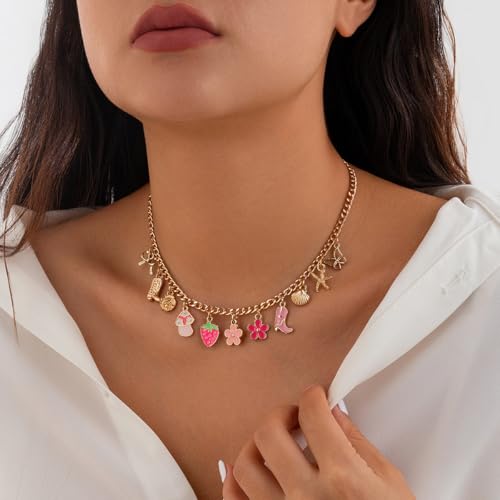 Gold Chunky Charm Necklace for Women Dainty Preppy Paperclip Bow Beach Charm Necklace Chunky Cowboy Boot Necklace Western Cowgirl Accessory Beach Essentials Stuff Summer Outfits for Women 2024 (cute charm necklace) - Thumbnail 4