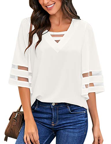 luvamia Women Casual Strappy V Neck Blouse 3/4 Bell Sleeve Mesh Panel Shirts Top3