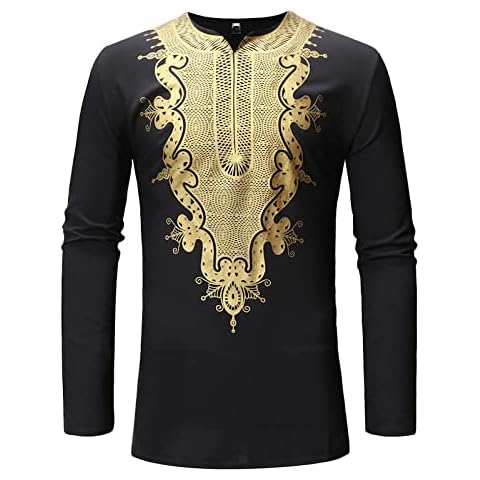 Men'S Loose Casual Collarless Ethnic Print Long Sleeve T-Shirt Loose Fit Tops Dress Shirts Slim Fit Bamboo Casual Formal Shirt Button Down Work Shirts Funky Hawaiian Shirt Black Xxl Cover