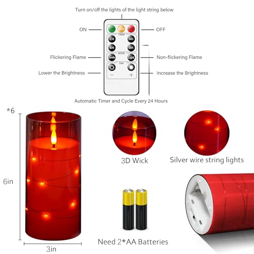 Image of Flickering Flameless Candles with Remote Timer, 6pcs LED Battery Operated Candles with Embedded String Lights Red, Same Size D3 H6