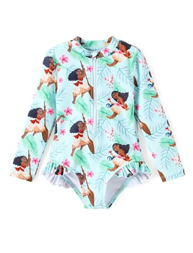 Disney Princess Moana Toddler Girls Swimsuits UPF 50+ Long Sleeves Zipper Rashguard One Piece Bathing Suits Green Swimwear for Vacation Pool Party Little Girls Size 3 Years