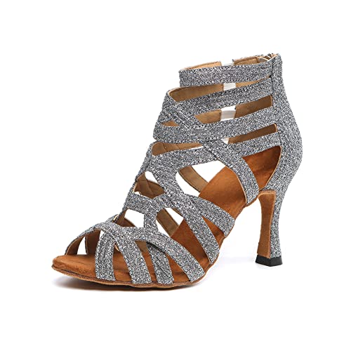 HROYL Women's Open Toe Ankle Dance Boots Latin Salsa Ballrooom Performence Practice Shoes, Model L5212