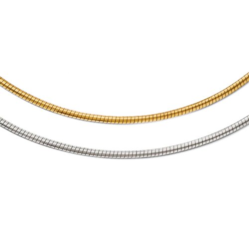 Lunghezza: 42 cm | Larghezza: 1,6 mm | Materiale: oro giallo e bianco 750 | Modello: Omega | Versione: massiccia | Peso: circa 5,1 grammi. Prodotto a Milano Italia