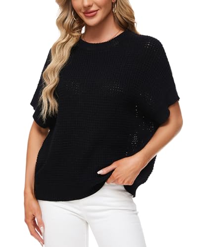 Image of MINTLIMIT Womens Batwing Short Sleeve Sweaters Loose Oversized Waffle Knit Pullover Sweater Top