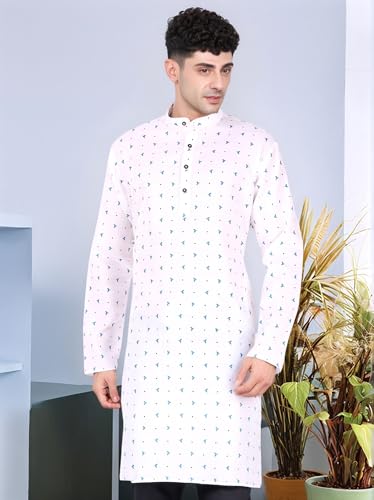 Image of SKAVIJ Mens Cotton Long Sleeve Tunic Printed Kurta (Blue, Medium)