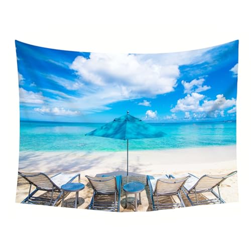 Tapisserie paysage 210x140cm ciel bleu et chaises de plage pour decoration murale salon moderne - 5