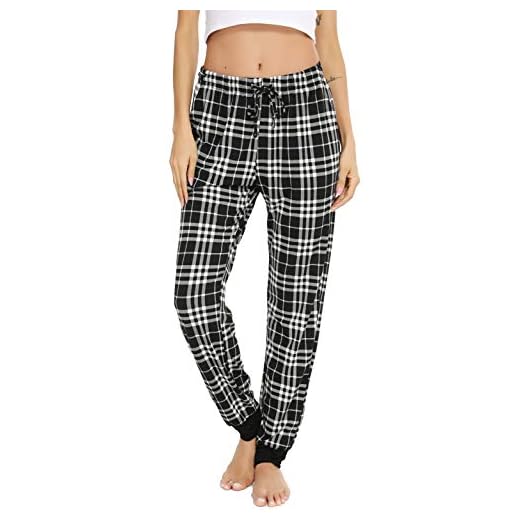 Vlazom Dam rutiga pyjamasbyxor mjuka pyjamasbyxor för kvinnor jogging byxor långa ogenomskinliga sportbyxor idealiska för sömn, löpning och promenader